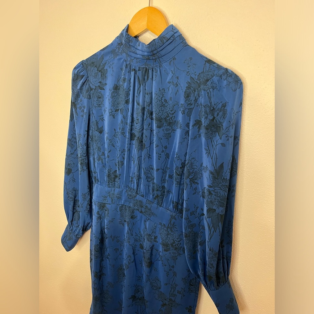 G.P.D. Mirabel Blue Floral Long Sleeve Mini Dress Mock Neck Open Back Size 2 - Picture 6 of 10
